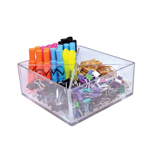 Deluxe Clear Square Bin Four Compartment Revolving Desk Organizer 8'' W x 8'' D x 4'' H